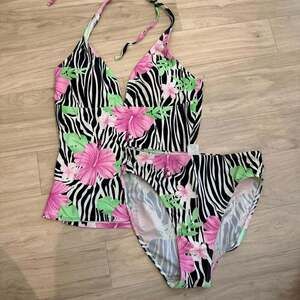 Caribbean Sand Tropical Hibiscus Zebra Print Tankini Set